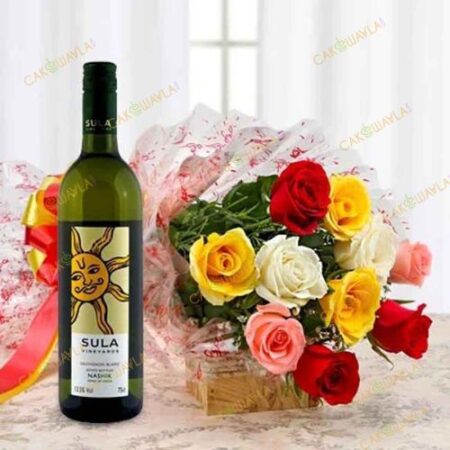 12-Mix-Roses-Bunch-With-Sula-Red-Wine-