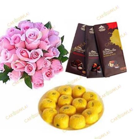 12 Pink Roses With Kesar. laddu