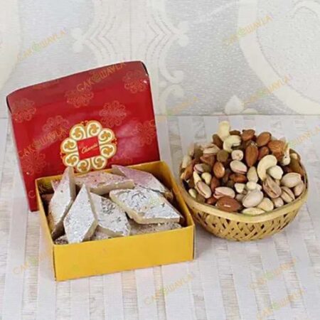 Basket Of Kaju Katli and Dry Fruits