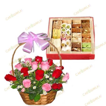 Mix Rose Basket with Mix Sweets