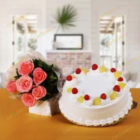 Pineapple Cake with 6 Pink Rose