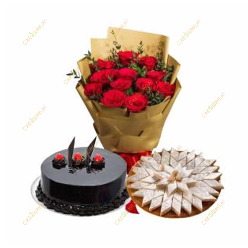 Red Roses and chocolate cake Kaju Katli