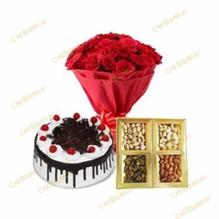 Red Roses Dry fruits and Black Forest cake