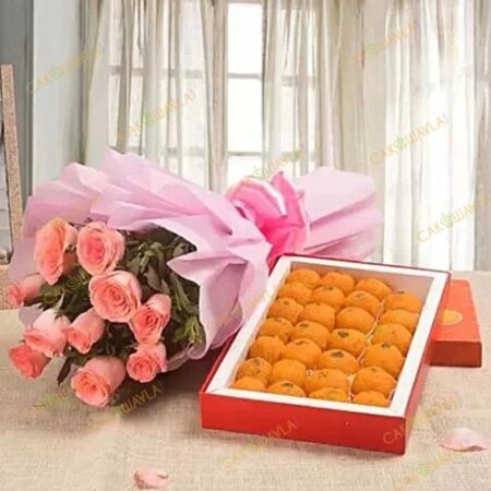 Roses with Motichur Laddu