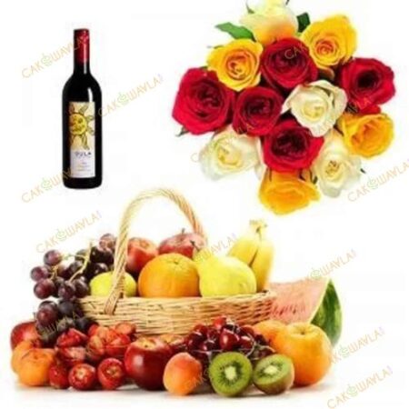 Sula Red Wine with Mix Roses n Fruit Basket