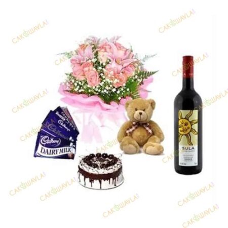 Wine with Cake n Pink Lilies Roses