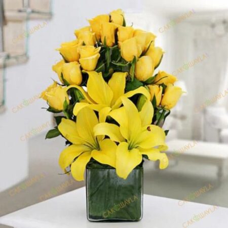 Yellow lily and roses